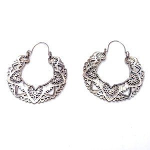 Boho Flat Disc Lace Pattern Metal Hoop Earrings